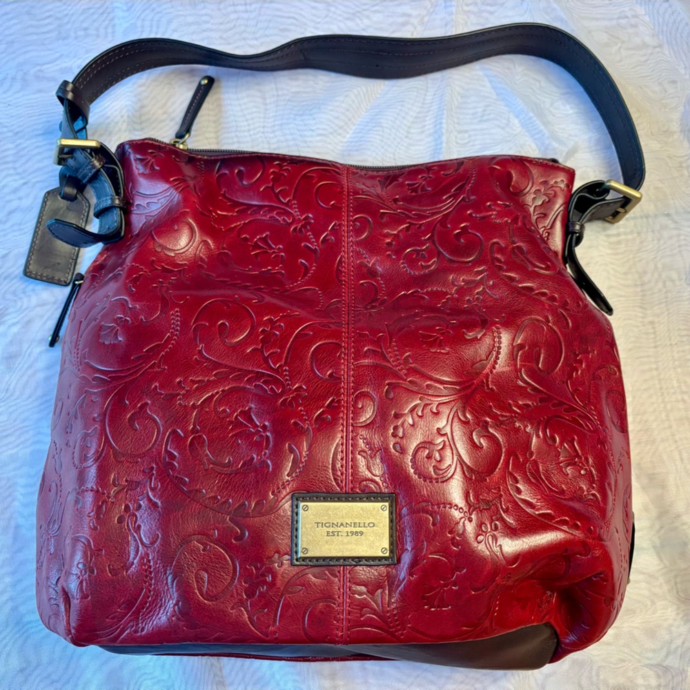 Tignanello Embossed Red Leather Shoulder Bag